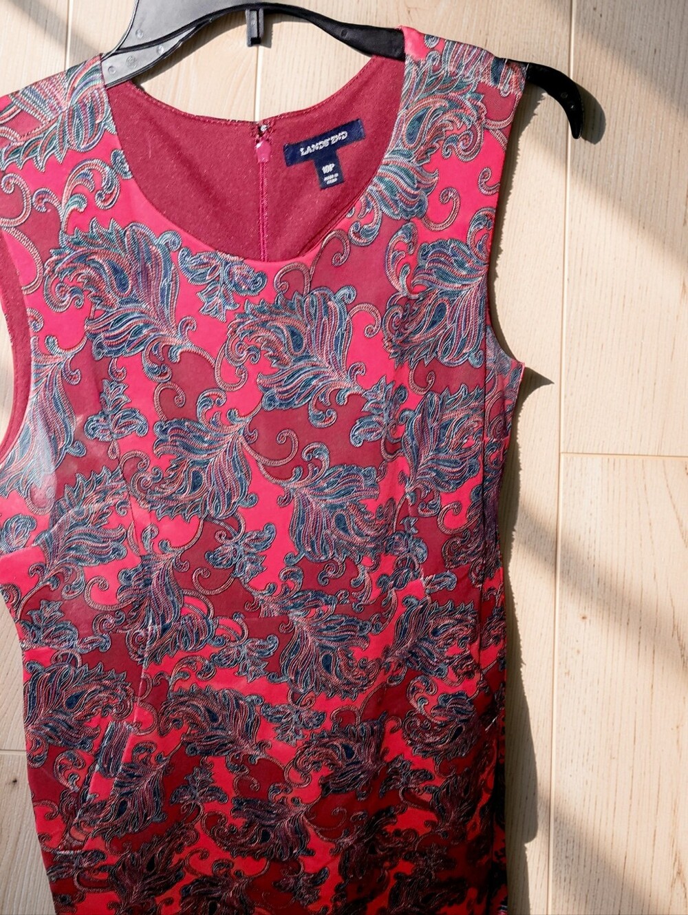 Lands' End Red/Black Paisley Sheath Dress Scoop Neck Sleeveless Zip 10P